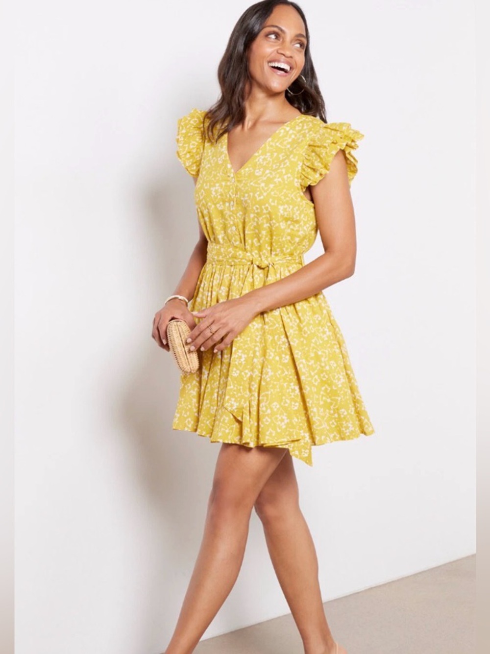Cleobella Yellow Floral Ruffle Mini Dress size large